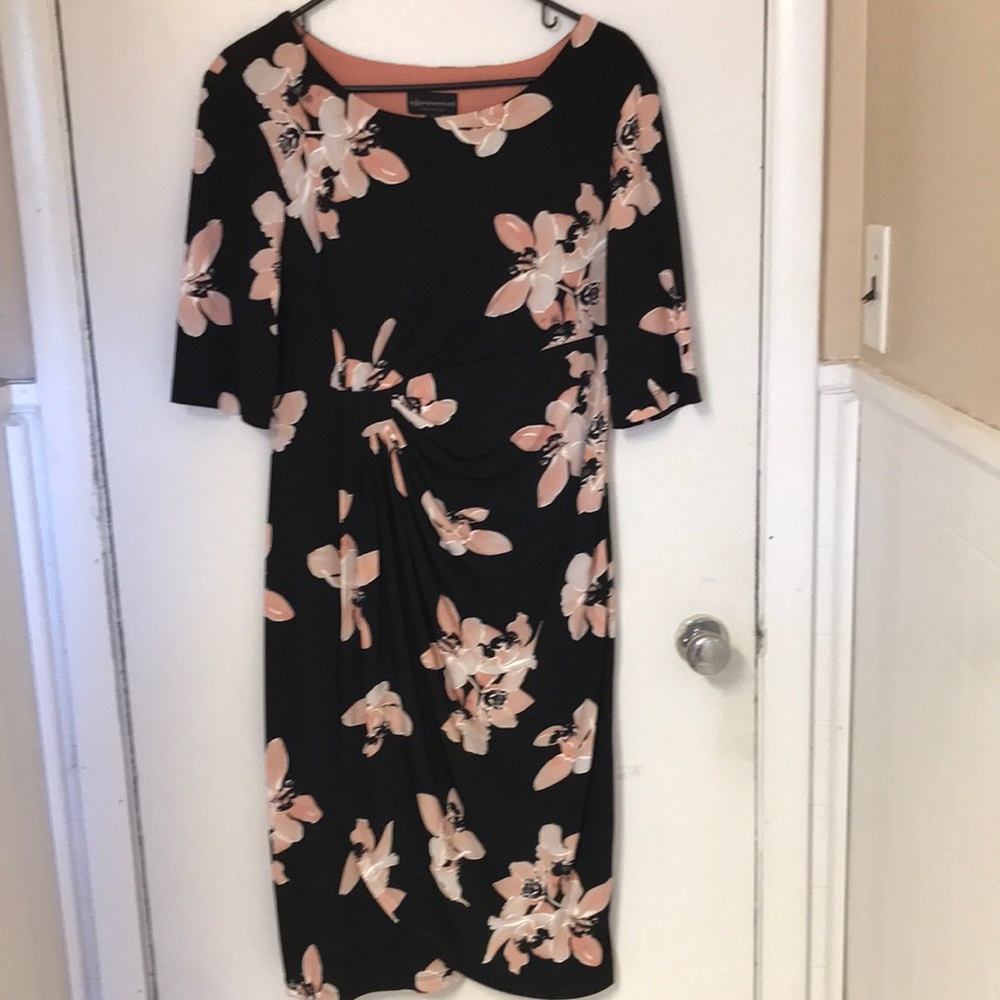 Women’s dress, black with pink flowers, worn once, gathers at waist, Size L